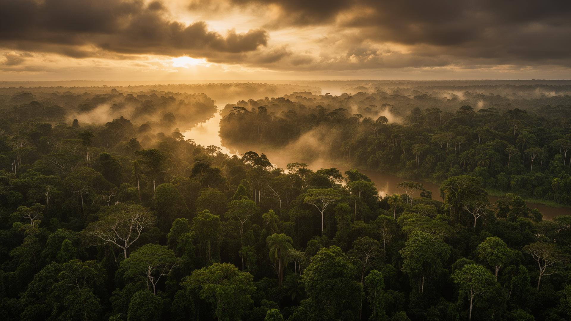 Amazon rainforest canopy at golden hour