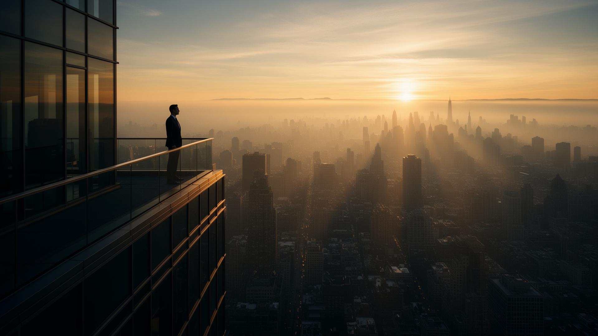 Executive on rooftop at dawn overlooking the city